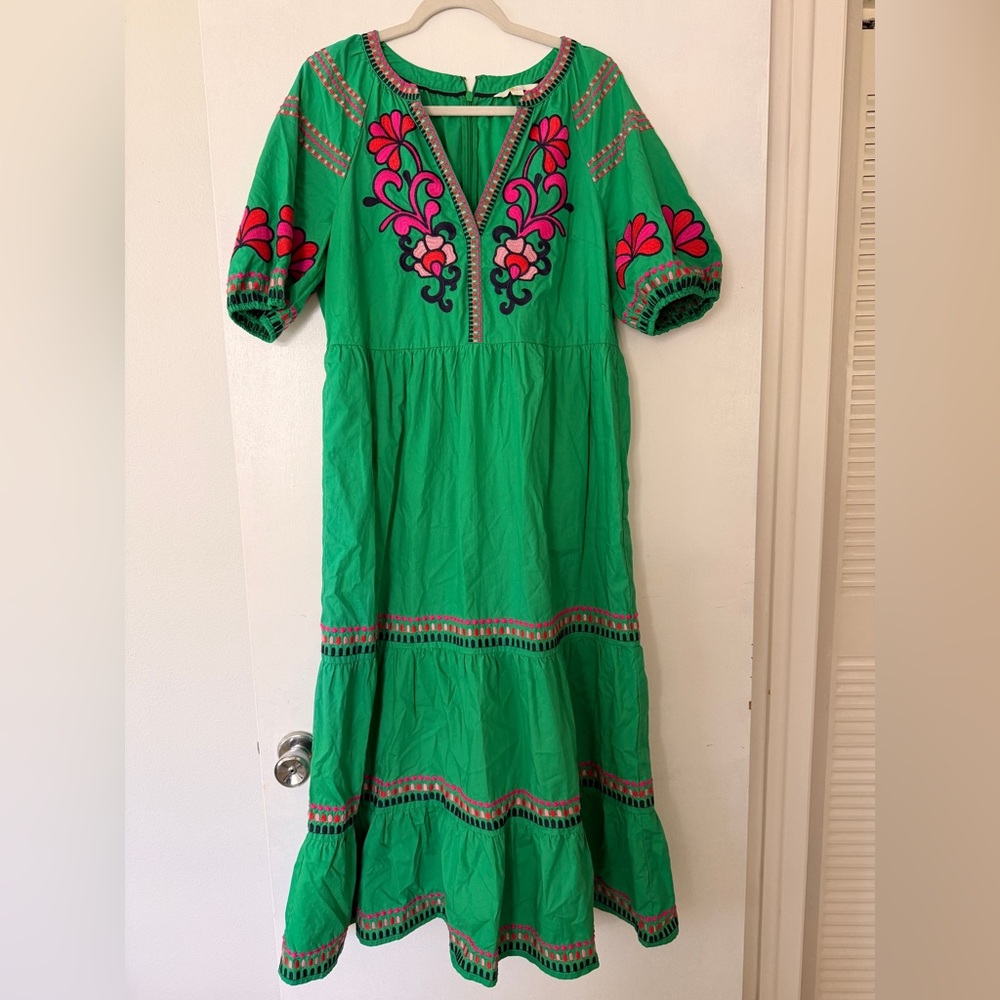 Boden Green Top with Pink & Navy Floral Embroidery